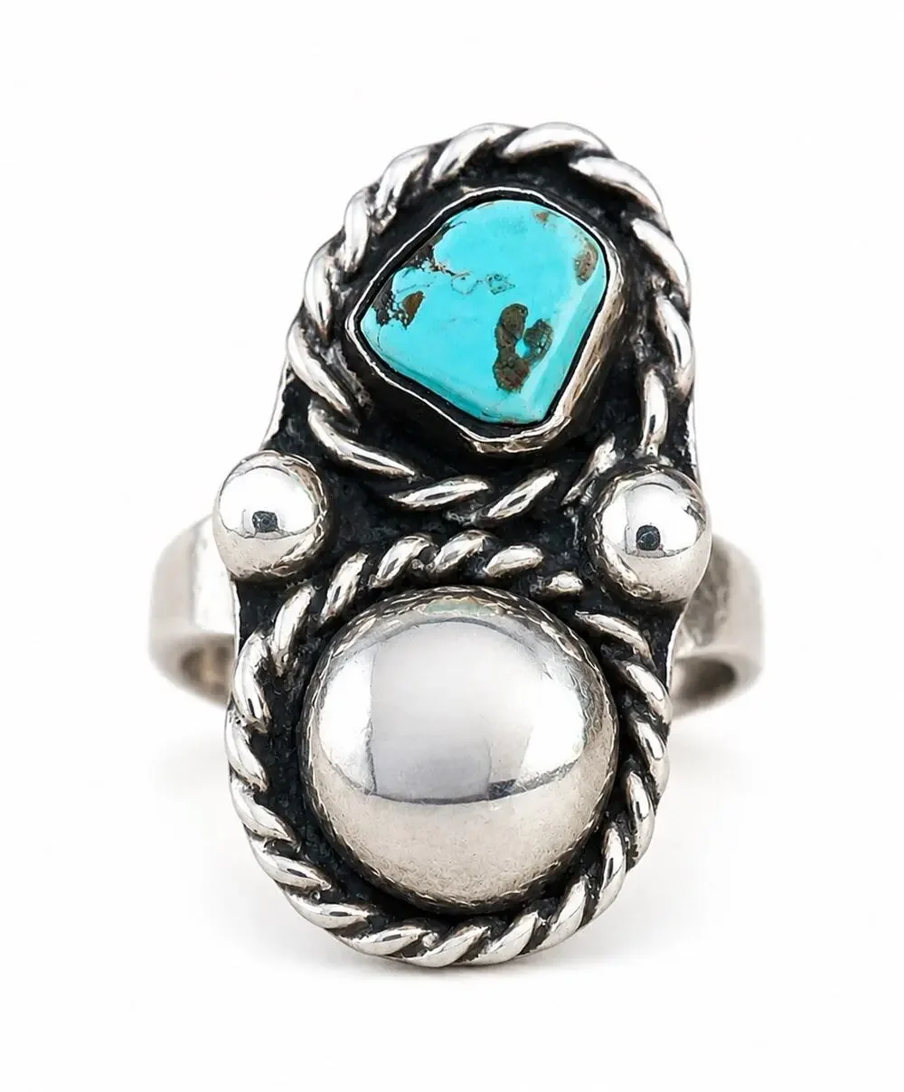 Vintage Navajo Turquoise Sterling Silver Ring Dome Concho Southwest Native 6.75 - Picture 1 of 13